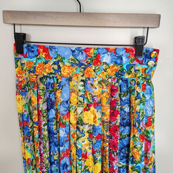 Vtg 80s 90s Floral Pleated Midi Maxi Skirt High Waist Colorful Bright Garden 8 - Picture 3 of 9